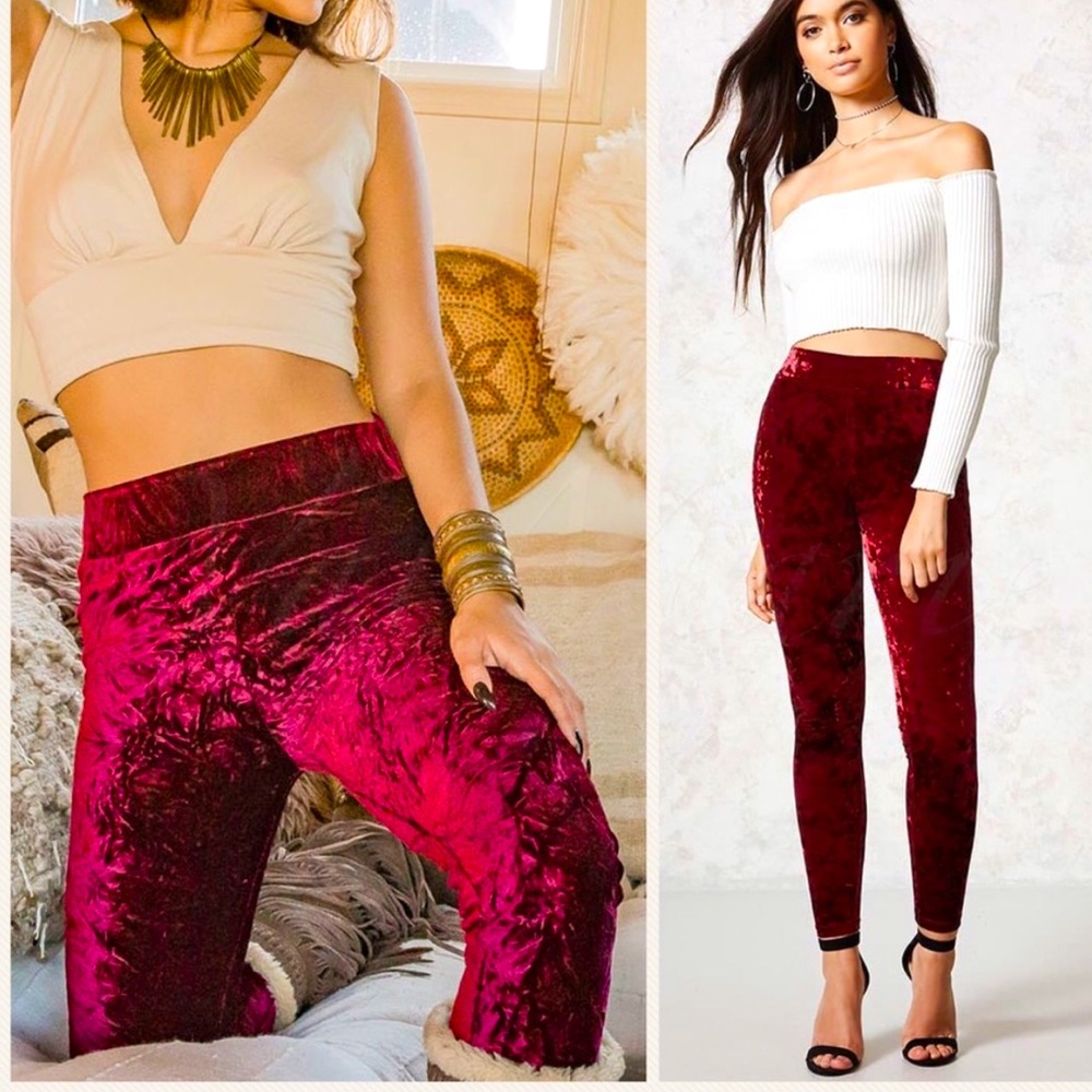 🔥HP🔥Wine Red Velour Velvet Leggings - Picture 1 of 3